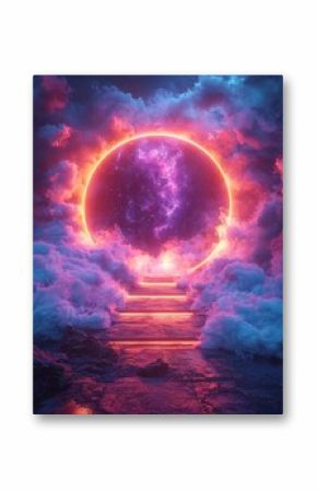 Glowing Neon Portal in Vibrant Gradient Cosmic Landscape with Misty Aura