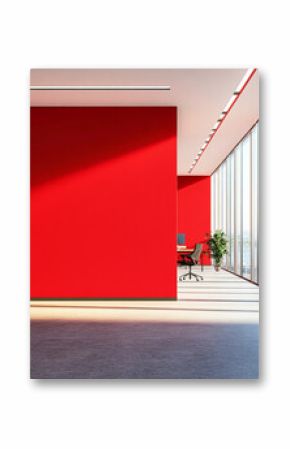 Spacious office featuring an extended red wall and bright neutral lighting