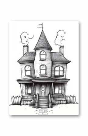 A hand-drawn illustration of a Victorian house with a pointed roof, two chimneys, a front porch, and a small fence.