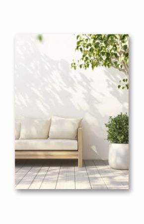 Modern outdoor seating area with a cozy couch and lush greenery in a serene space