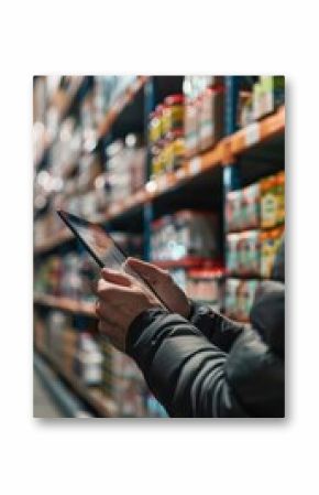 Inventory Management with Touchscreen Tablet in Organized Warehouse Environment