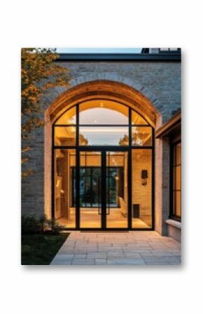 Elegant modern entryway showcasing a beautifully designed stone facade and large glass doors at twilight, illuminated by warm lighting