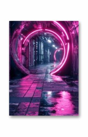 Neon Lights Illuminate Urban Tunnel with Glossy Wet Floor Effects