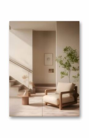 Minimalist interior design beige armchair, wooden staircase, and plant.