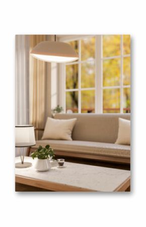 A minimalist coffee table, set in a contemporary living room with an autumn view through the window.