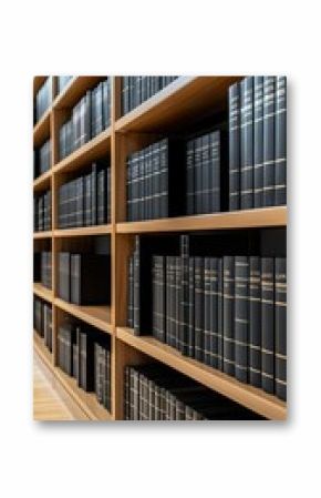 Rows of black law books line wooden shelves in a well-organized library, showcasing a rich collection of legal knowledge and resources
