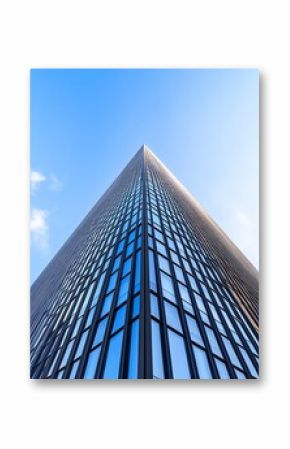 Modern office tower with geometric lines, vibrant reflections, and blue sky, ultra-realistic textures