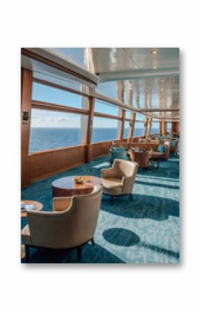 Minimalist cruise ship lounge with a view of the ocean.