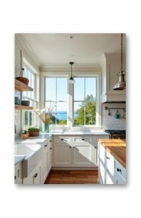 Coastal Charm Kitchen: New England-Style Design with White Shaker Cabinets, Wood Island, Marble Countertops, Nautical Lighting, Ocean Views, and Natural Light on a Private Island 