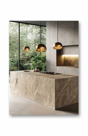 Luxurious kitchen design boasts stylish elements, including a natural stone table, dark gray cabinets, and a high-end modern sink, with a garden view visible through the window