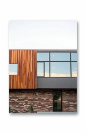 Modern architectural design of a building featuring wooden and stone elements set against a clear sky during evening hours
