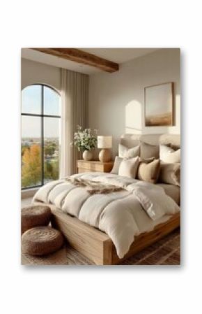 a serene organic modern bedroom in a soft neutral color theme