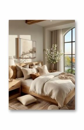 a serene organic modern bedroom in a soft neutral color theme