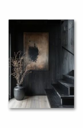 Black wooden interior with a vase of dried flowers.