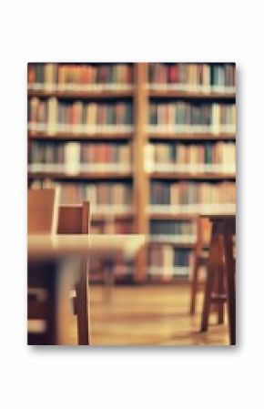 Warm and inviting library interior with wooden bookshelves filled with vintage books and soft focus on wooden study tables in the foreground