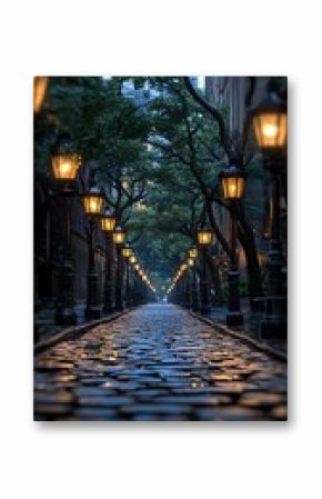 Cobblestone Street at Night with Glowing Lamps and Trees