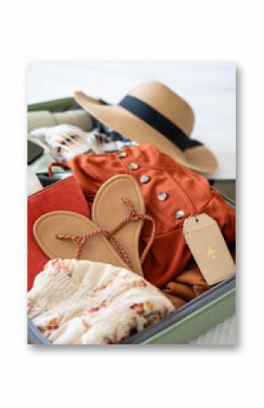 Close up of suitcase with sandals, hat, and floral clothing