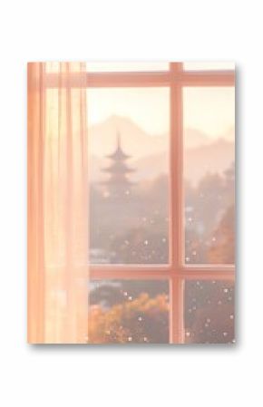 Distant Temple on a Plateau Viewed Through a Window at Sunrise