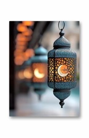 Intricate Blue Metal Lanterns with Crescent Moon Design Illuminate Night