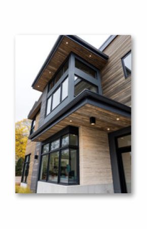 Contemporary home facade with black rain gutter contrasting natural wood cladding and soffits accented by recessed lighting