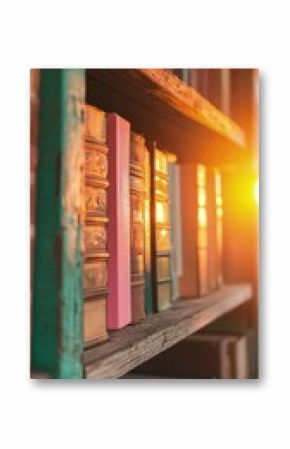 Warm Sunlight Illuminates Antique Books on Rustic Wooden Shelf