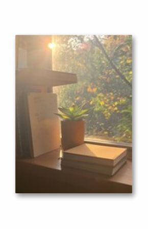 Warm Sunlight Illuminates Books and Plant on Windowsill