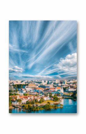 Aerial View, Cityscape Of Minsk, Belarus. Summer Season, Sunset. Panorama Of Nemiga District