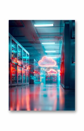 Futuristic view of a data center hallway with glowing cloud technology representing digital storage innovation : Generative AI