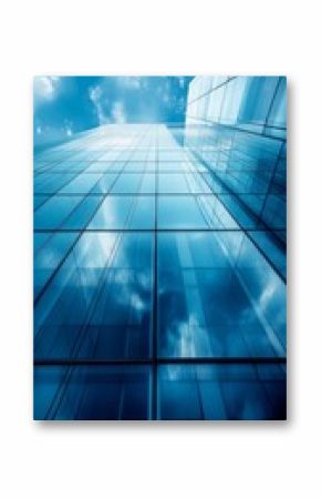 Modern skyscraper with reflection of clouds on glass, view from below. Useful for business presentations, architectural projects, real estate advertising.