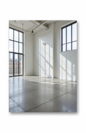 the empty room features floor to ceiling windows that flood the space with natural light