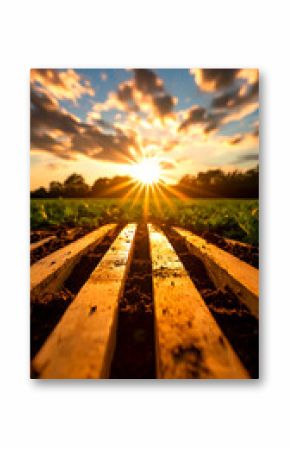Sunset over Rows of Planted Vegetables in a Garden