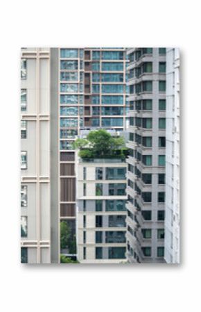 Pool surrounded by green rooftop garden on skyscraper. Urban oasis with trees and shrubs, sustainable architecture, warm climate environment, high rise green space, eco conscious urban living 