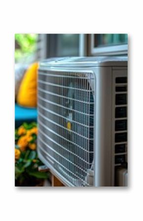 Air conditioner near orange flowers and cushions