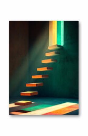 Floating Stairs Leading to a Luminous Archway in a Green Room