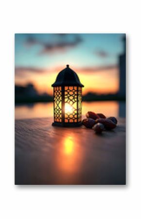 Glowing Lantern with Dates and Milk at Sunset