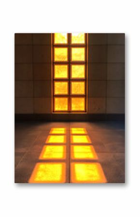 Illuminated Gold Glass Window Panel with Floor Reflection