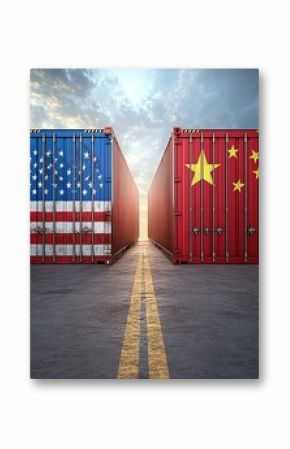 Us-china trade war symbolized by shipping containers with flags