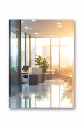Un grand espace de bureau contemporain avec de grandes fenêtres laissant entrer le soleil du matin, créant une ambiance lumineuse et accueillante pour les travailleurs.