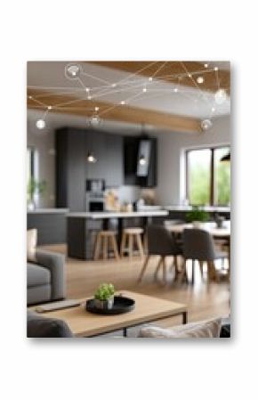 Modern living room blends comfort and technology with smart home icons for security, energy, and lighting in a cinematic design