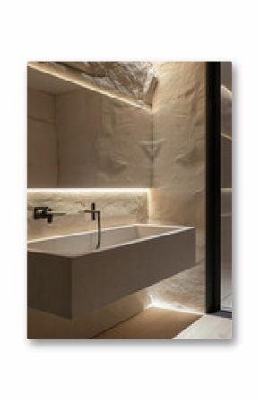 Modern Minimalist Bathroom with Stone Walls, Sleek Sink, and Ambient Lighting