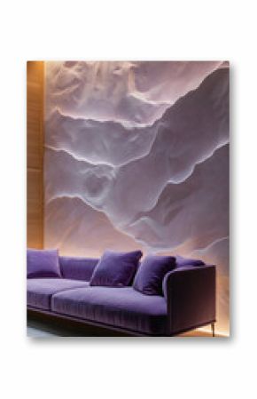 Modern Lounge with Purple Sofa, Sculptural Wall Design, and Warm Backlighting