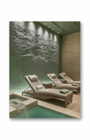 Luxurious Spa with Green Textured Wall, Indoor Pool, and Relaxation Loungers