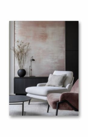 Minimalist Living Room with Neutral Tones, Pink Accent Wall, and Modern Furniture