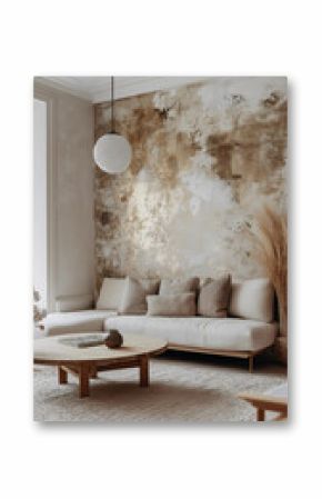 Elegant Living Room with Metallic Textured Wall, Neutral Furniture, and Soft Lighting