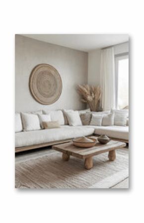 Minimalist Living Room with Neutral Tones, Wooden Coffee Table, and Cozy Textured Decor