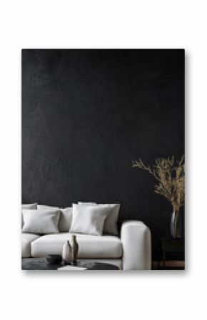 Minimalist Living Room with Black Accent Wall, White Sofa, and Modern Decor