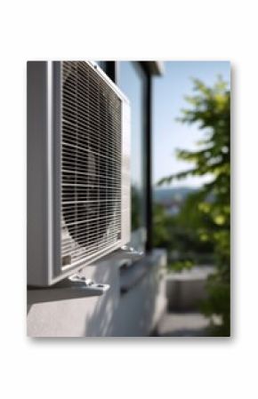 Exterior window air conditioner mounted on a light gray wall.  Close up of the unit's metal grill and mounting hardware.  Blurred background shows a tree and building facade