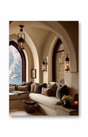 A luxurious, arched bay window nook with a lake view