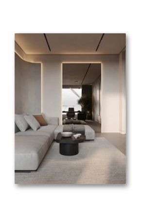 Beige home living room interior with sofa and coffee table with decoration, side view mock up copy space blank television display on wall. Smart tv in minimalist studio apartment. 3D rendering