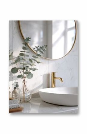 Elegant bathroom scene featuring round mirror, chic faucet, and